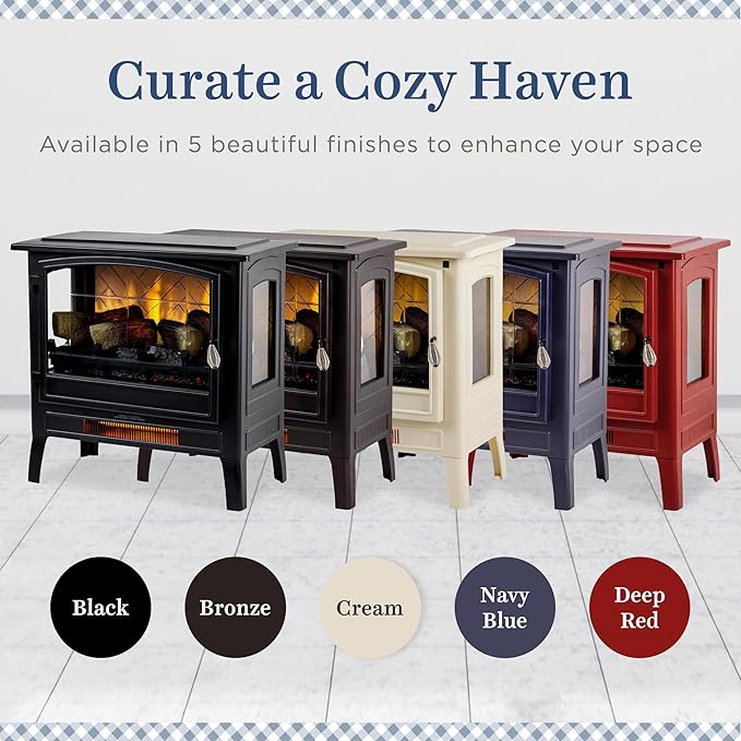 Country Living Infrared Freestanding Electric Fireplace Stove Heater in Cream | Multiple Flame Colors, Metal Design with Faux Wooden Logs | Alexa/WiFi Enabled - Remote Included