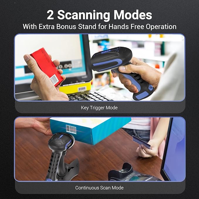 Tera Barcode Scanner Wireless 2D QR with Stand: Pro Version Battery Level Indicator 2500mAh Industrial Grade Bar Code Reader 3-in-1 Works with Bluetooth 2.4G USB Wired 8100 Dark Blue