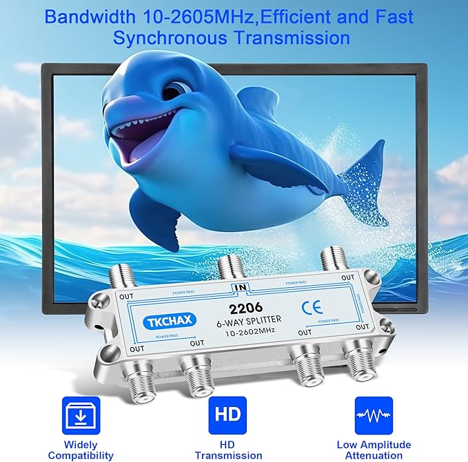 TKCHAX Coaxial Cable Splitter,Support 10-2602MHz,RG6 RG59 Coax Compatible,Work with MoCA2.5 and MoCA3.0, CATV, Satellite TV, Antenna, HDTV and High Speed Internet (6 Way Coaxial Cable Splitter)