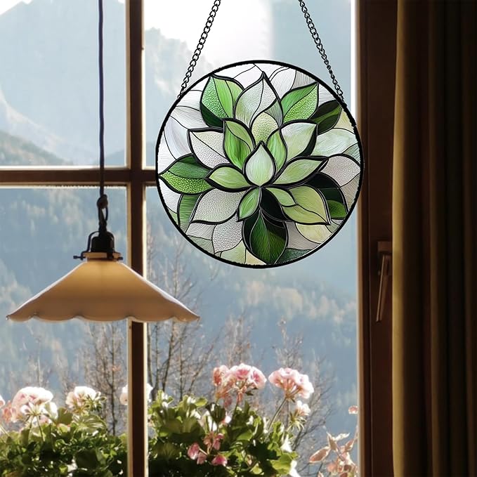 CRISGIF Stained Glass Window Hanging - Ireland Green Plants Suncatcher for Doors Garden Succulent Sun Catchers Decor Mother's St. Patrick's Day Birthday for Women Men Mom Nana 11.8 in