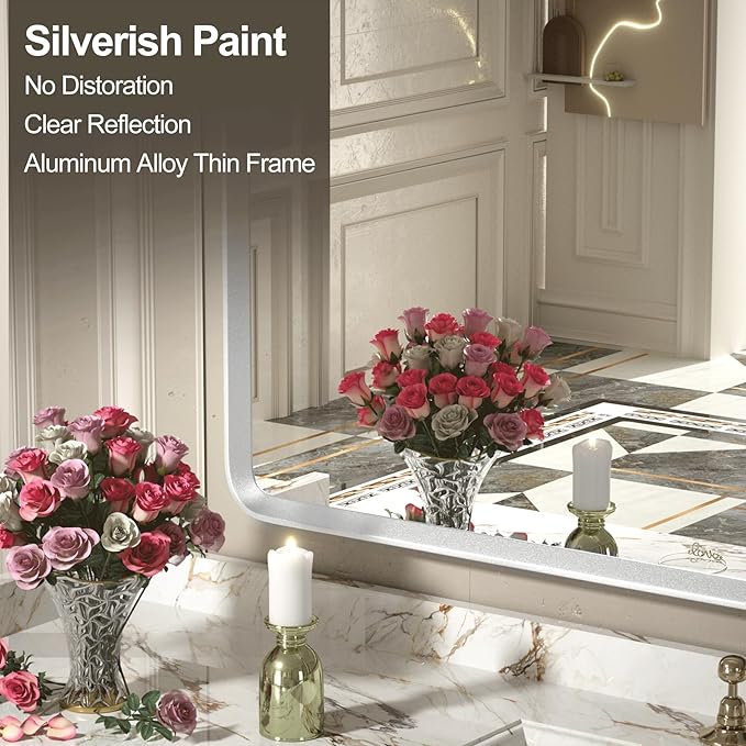 66x36 Inch Silver Framed Mirror, Silver Bathroom Vanity Mirror for Wall, Brushed Nickel, Rounded Rectangle Mirror, Shatterproof, Anti-Rust (Horizontal/Vertical)