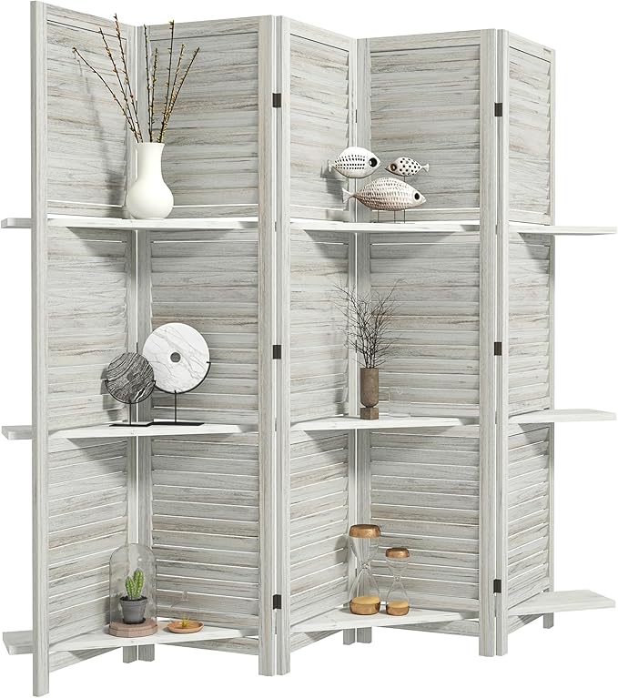 HOMCOM Room Divider, 5 Panel 67" Tall Wood Privacy Screen with 3 Display Shelves, and Folding Storage for Bedroom or Home Office, Distressed White