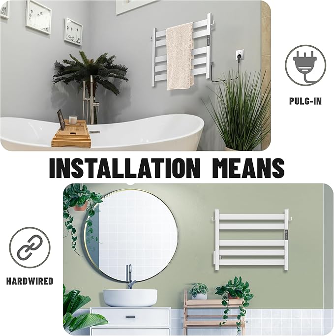 K&KALONZO Towel Warmer for Bathroom, Wall-Mounted 5-Bar Heated Towel Rack with Built-in Timer, Waterproof Electric Towel Heater, Support Plug-in and Hardwired, Brushed, EL18S