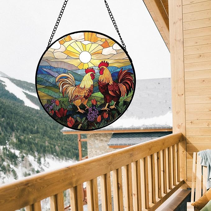 AMDERVEN Stained Glass Window Hanging, Countryside Scenery Chicken Sun Catcher for Door Home Decor Sunrise Suncatcher Christmas Mother's Day Birthday Gifts for Women Men Mom Nana 7.8 in