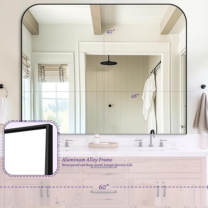 Bathroom Mirror, Wall Mirrors, Black Metal Framed Wall-Mounted Mirrors, Bathroom Vanity Mirror for Over Sink, Living Room, Bedroom, Entryway, 48x40 Inch, Black
