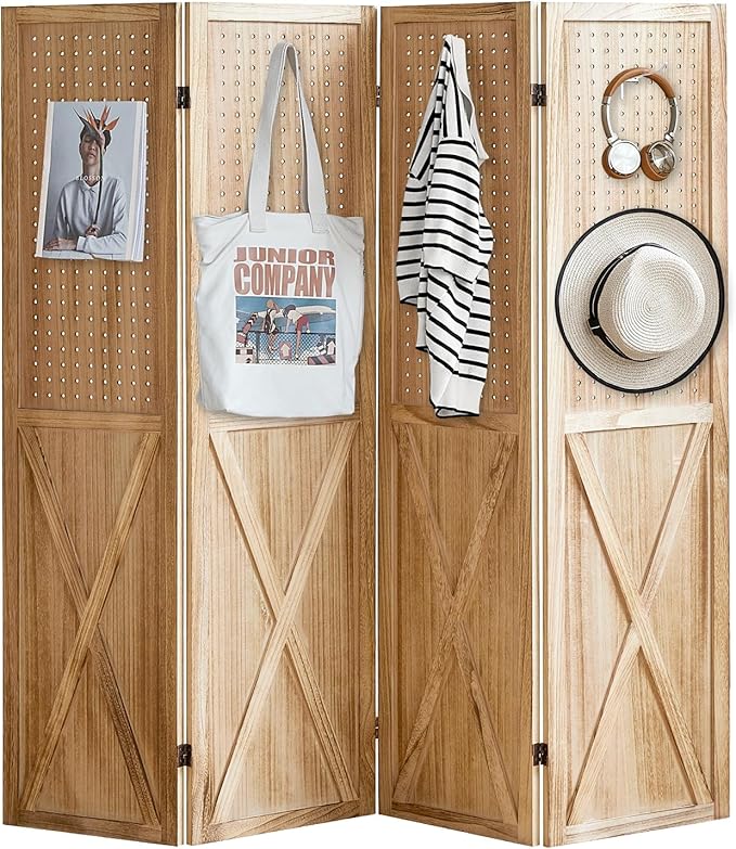 ALeesing 4 Panel Pegboard Wood Room Divider, 5.6Ft Pegboard Display Folding Privacy Screens, Peg Board Display Freestanding for Trade Show Craft Show Home Wall Organizer, Light Brown