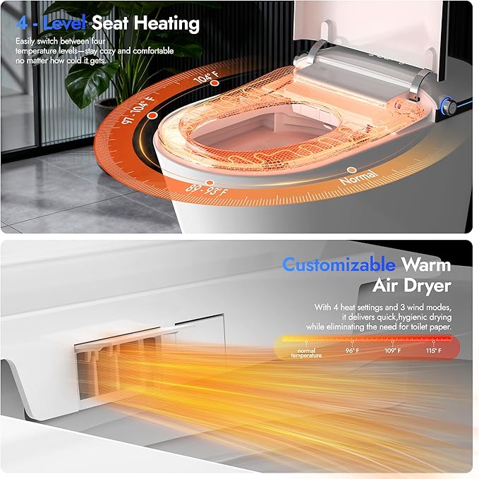 WANSID Elongated Smart Toilet With Bidet Built-in, Auto Open/Close Lid, Soft-Closed Heated Seat, Tankless Auto/Knob/Sensor/Remote Flush, Warm Wash & Dryer, Massage Clean, Gentle Night Light