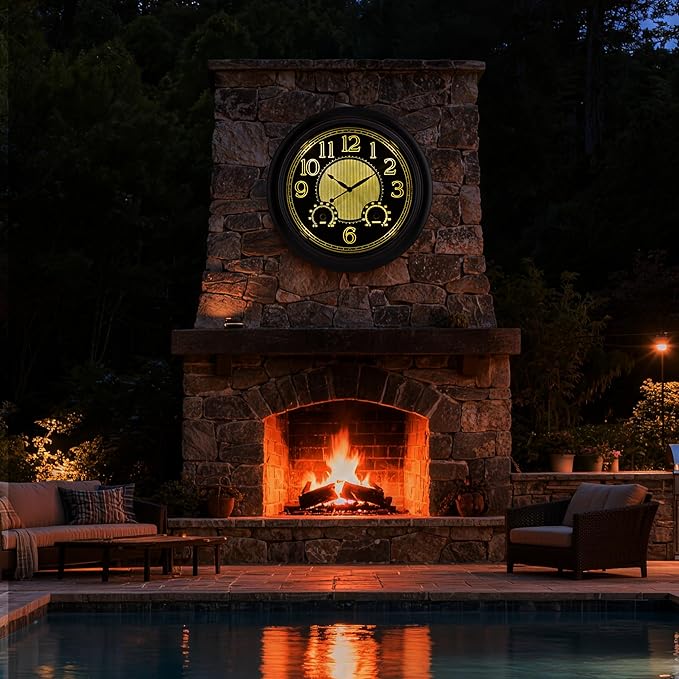 Koosome Outdoor Clocks Waterproof 18 Inch, Large Wall Clock with Thermometer & Hygrometer, Illuminated Battery Operated Clock with Smart Sensor for Patio, Pool, Garden, Porch, Living Room