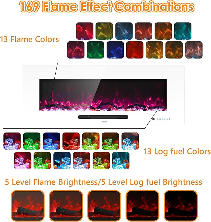50" Electric Fireplace, Recessed & Wall Mounted Fireplace Heater 13 * 13 Colors Flame &Fuel Bed w/5 Dimmer, Touchscreen &Remote Control Temp, Overheating Protect, Hardwired, 1500W, White