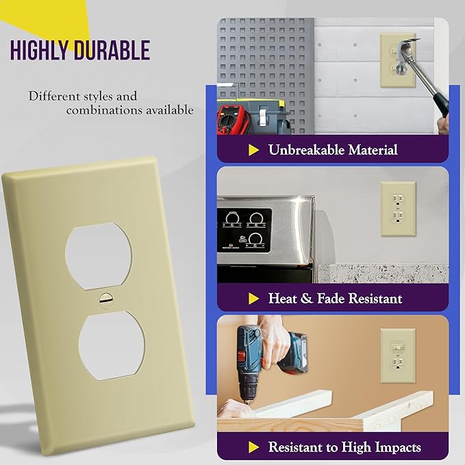 ENERLITES Duplex Receptacle Outlet Wall Plate, Electrical Outlet Cover, Gloss Finish, Mid-Size 1-Gang 4.88" x 3.11", Unbreakable Polycarbonate Thermoplastic, UL Listed, 8821M-I-10PCS, Ivory, 10 Pack