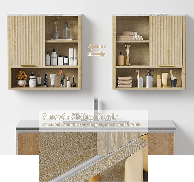 Bathroom Wall Cabinet, Fluted Medicine Cabinet with Adjustable Shelves, Wood Over The Toilet Storage Cabinet for Kitchen, Living Room, Laundry Room, Oak
