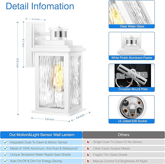 VIANIS Motion Sensor Outdoor Lights, Aluminum Waterproof Porch Lights Outdoor with Water Glass for Porch, Garden, Front Door White Standard Size