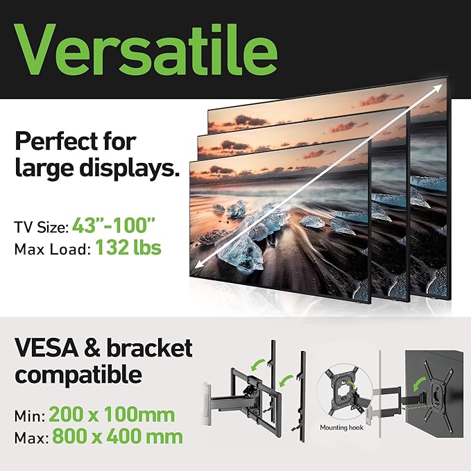 Heavy Duty Dual Arm Articulating TV Wall Mount Bracket for Hisense U76 QLED 100U76N 100 Inch TV - Tilt & Swivel with Reduced Glare