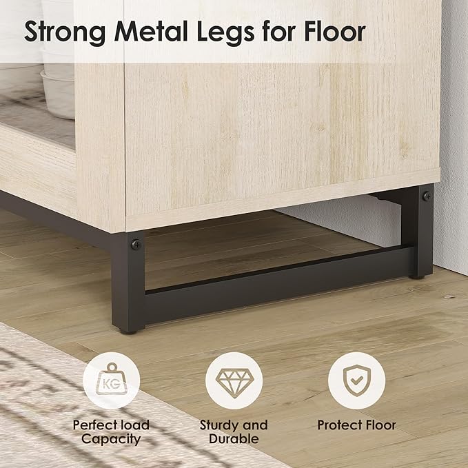 WAMPAT Modern TV Stand with Glass Doors for 120 inch TVs, 4 in 1 Entertainment Center Console with Adjustable Shelves and Metal Base for Living Room, Bedroom, Light Oak