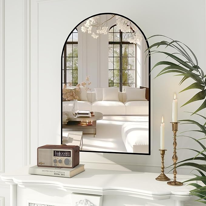 Arched Medicine Cabinet with Mirror,Bathroom Medicine Cabinet with Mirror Wall Mounted,Mirrored Medicine Cabinets with Adjustable Shelves,Not Recessed,24x36 Inch,Black