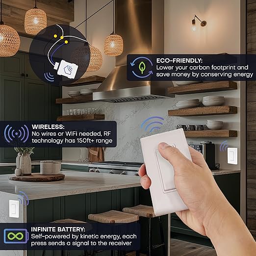 RunLessWire 4-Way Battery-Free DIY Wireless Light Switch Kit 150ft RF Range Self-Powered by Kinetic Energy for Hallways & Stairways: 3 Remote Switches Control 1 5A On/Off Receiver – Light Almond