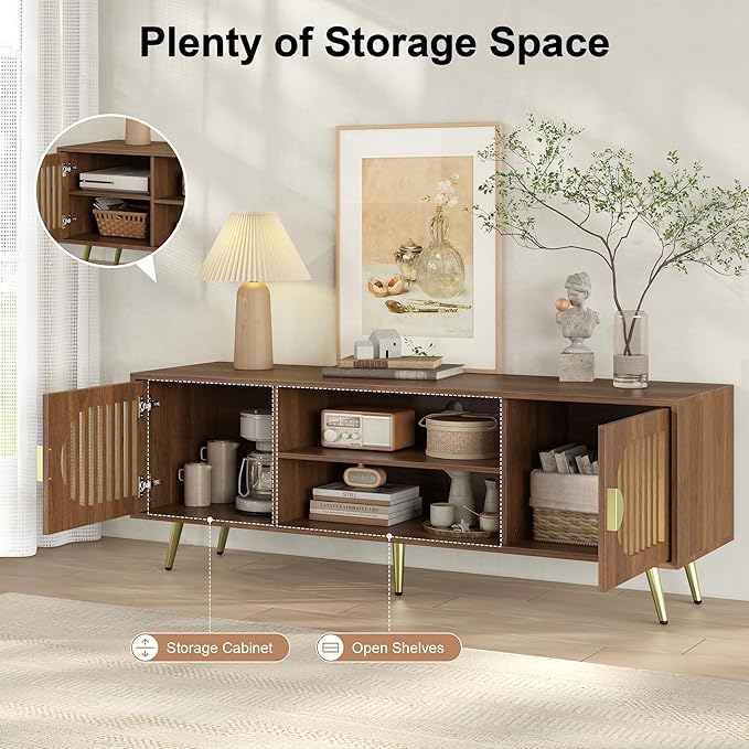 Dorivibe 54.33" Walnut TV Stand for TVs up to 60 Inch, Mid Century Modern Entertainment Center Console Table with Storage Cabinet, Wood Media Furniture for Living Room, Bedroom
