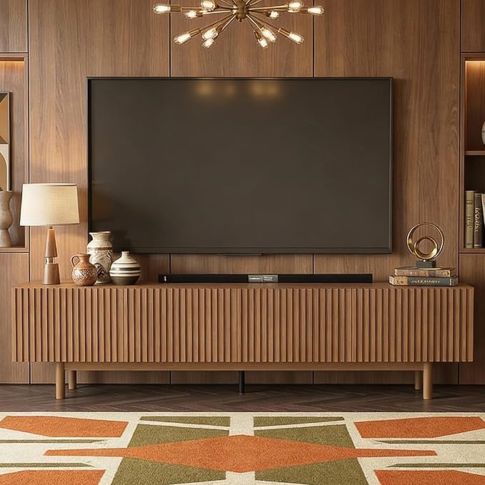 gaoyangjiaju 86.61" Wooden TV Cabinet with Open Shelving, Removable Divider and Cable Management (Pedestal 15.74" D x 86.61" W x 17.5" H) (Legs15.74 D x 86.61" W x21.14 H)