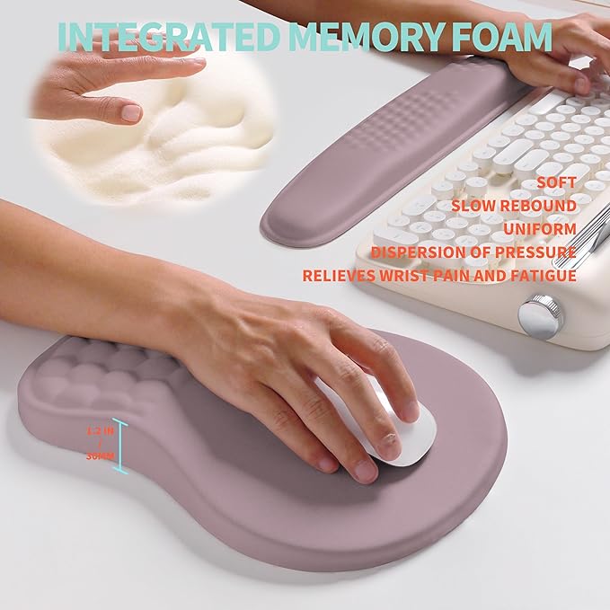 KUOSGM 2-in-1 Ergonomic Set, Wave Rise Keyboard Wrist Rest and Massage Bulge Slope Mouse Pad Wrist Support, Cushion Memory Foam Integrated to Relieve Wrist Pain, Purple