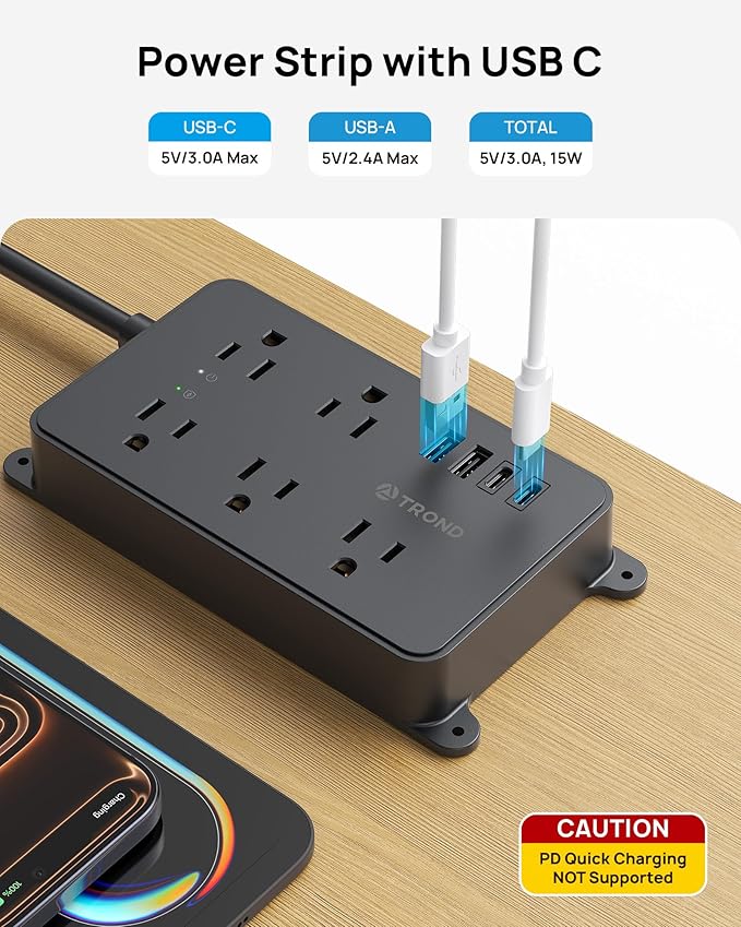 TROND Surge Protector Power Strip with 360° Rotating Plug, 10ft Extension Cord, ETL Listed, 5 Widely-Spaced Outlets with 4 USB Ports, 1300J Surge Protector, Wall Mountable, for Home Office, Black