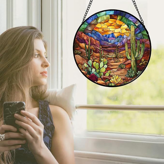 CRISGIF Stained Glass Window Hanging Cactus Mountains Landscape 6.3" - Suncatcher Door Garden Sunroom Sun Catcher Home Decor Birthday Christmas for Mom Men Woman Nana