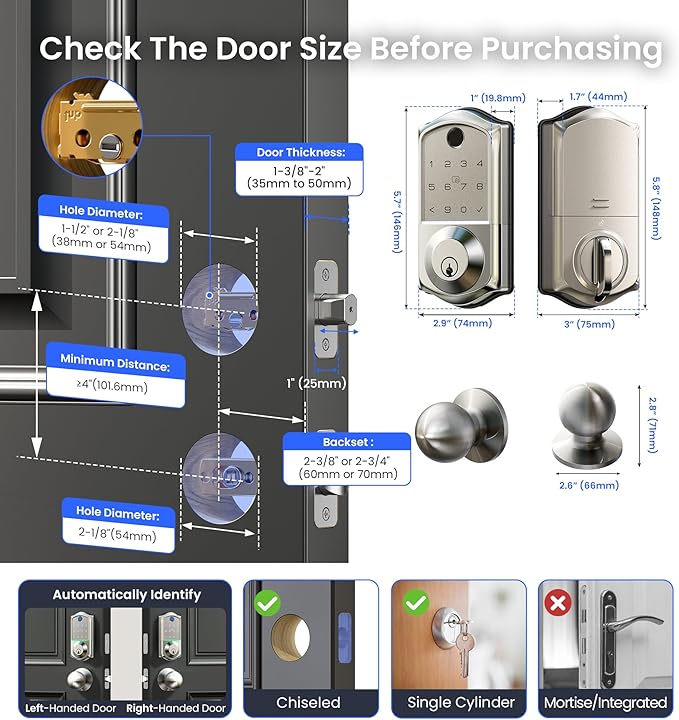 Veise VE017-K Fingerprint Smart Lock with 2 Knobs, App Control, Keyless Entry Front Door Lock with Handle Set, Electronic Digital Touchscreen Keypad Deadbolt, IP55 Waterproof, Auto-Lock, Satin Nickel