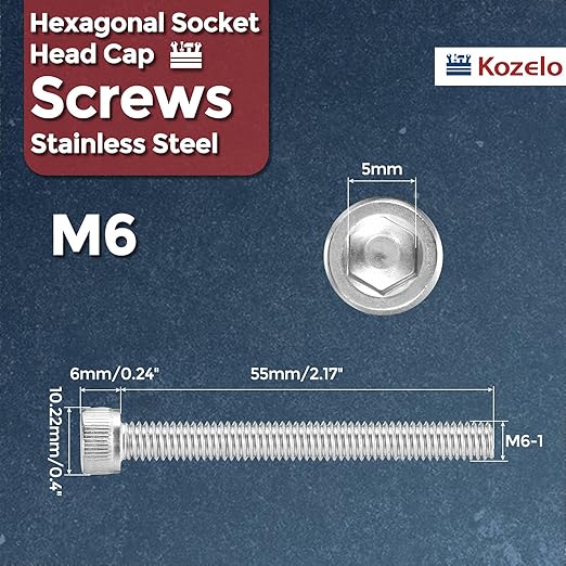 Kozelo 25pcs Socket Head Cap Screws - [M6-1 x 55mm] 304 Stainless Steel Allen Socket Drive for Electrical Motor 3D Printing Fan Engine Replacement Use, Silver