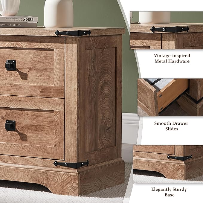 T4TREAM 24" Farmhouse Nightstand with Charging Station Set of 2, Large End Table with 2 Storage Drawers, Rustic Wood Sofa Bedside Table for Bedroom, Light Knotty Oak