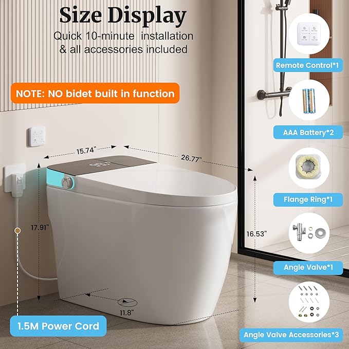 Smart Toilet with Elongated Heated Seat, Auto Flush, Manual Soft-Close Seat & Lid, Night Light, Electric Tankless Toilets with Dual Flush 0.8/1 GPF, MAP 1000g