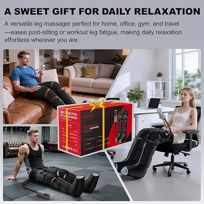 Leg Massager with Heat and Compression, Foot Massager for Circulation and Pain Relief, 3 Timers, 12 Intensity, 6 Modes,3 Heating with Knee Massager,Gift for Man Woman Parents,Black