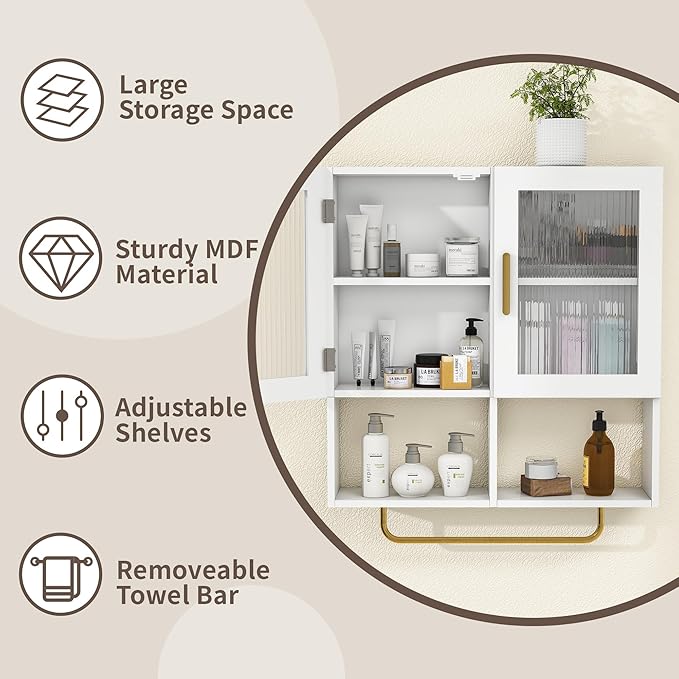 Wall Mounted Bathroom Storage Cabinet Medicine Cabinet with Acrylic Doors & Towel Bar Adjustable Shelves for Bathroom, Laundry Room, Bedroom, Enterway