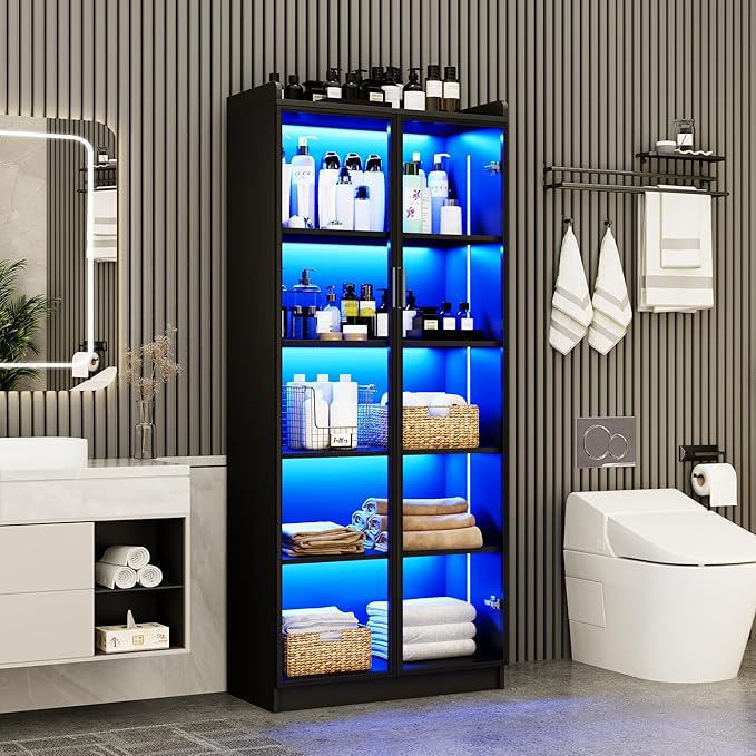Dystler Display Cabinet with Doors and Adjustable Shelves, 65" Tall Bookcase with LED Lights/Human Sensor, 5 Tier Display Case for Collectibles Bedroom Living Room Office, Black