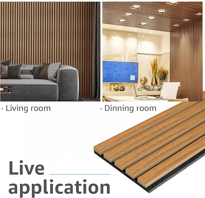 Art3d 4-Pack 94.5 x 7.9 inch Acoustic Wood Slat Wall Panels for Interior Decor, 3D Fluted Sound Absorbing Wood Paneling for Accent Wall Ceiling Kitchen Living Room Bedroom Office, Warm Teak