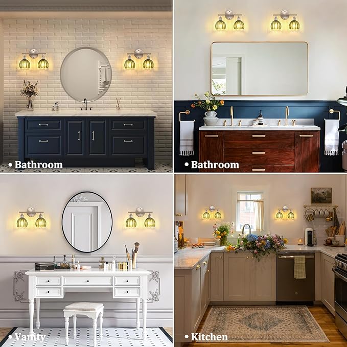 Shenmoyl Bathroom Light Fixtures, 2-Light Vanity Wall Light Over Mirror with Green Tulip Glass Shade for Bedroom Living Room (Bulb Not Included), Satin Nickel