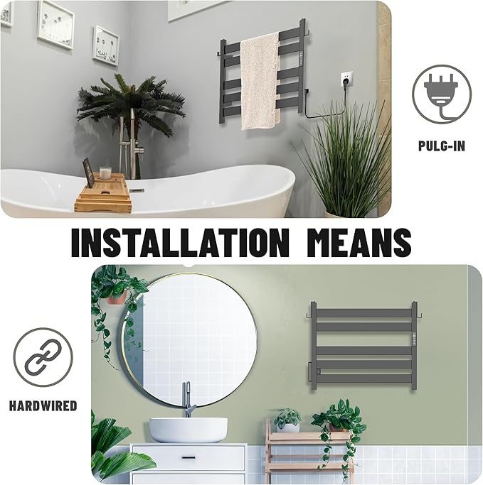 K&KALONZO Towel Warmer for Bathroom, Wall-Mounted 5-Bar Heated Towel Rack with Built-in Timer, Waterproof Electric Towel Heater, Support Plug-in and Hardwired, Matte Black, EL18S