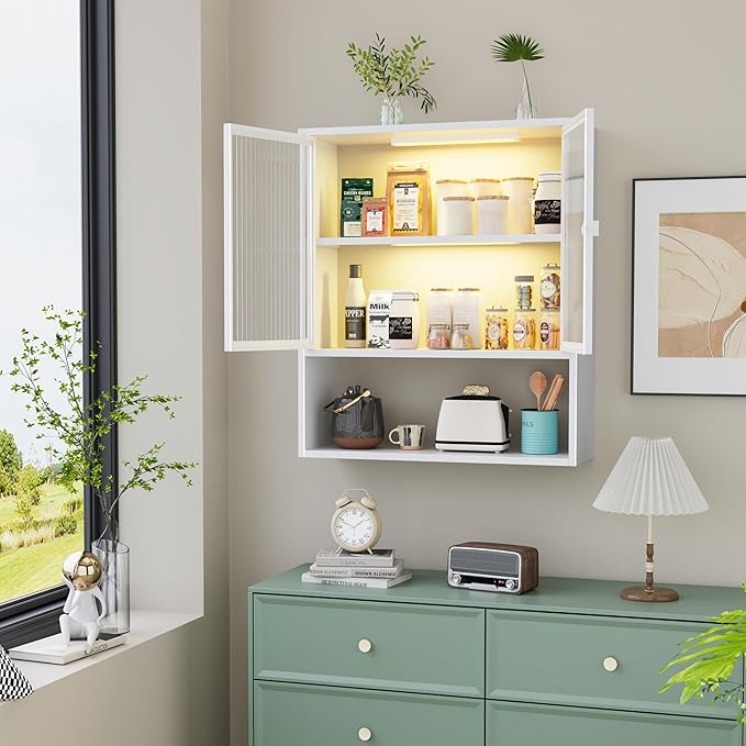 Wall Mounted Bathroom Cabinet with Glass Doors, Metal Over Toilet Storage Cabinets with Open Shelves, Medicine Cabinets for Bathroom, Living Room, Bedroom, White
