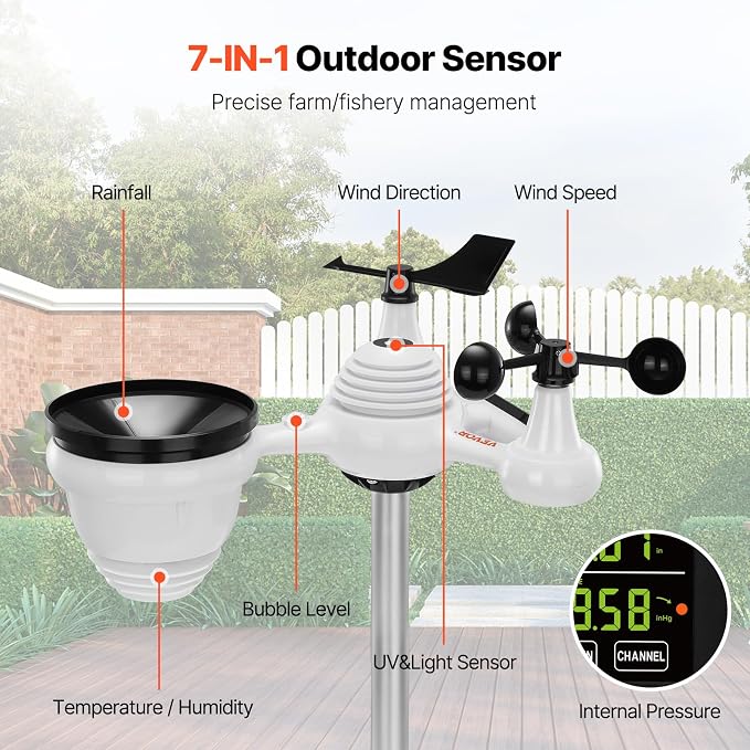VEVOR 7-in-1 Wireless Weather Station, 7.5 in Color Display, Digital Weather - Image 2