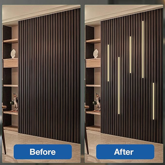NeatiEase LED Recessed Lighting Kit for Wood Slat Wall Panel, 6 Pcs Self-adhesive 3000K Warm LED Light with Smart Switch and Adjustable Brightness for Cabinet, Headboards, Kitchen (2*24"+2*20"+2*16")