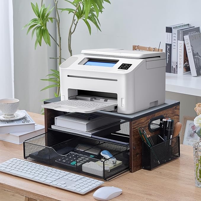 Xmoddes Printer Stand,Desktop Printer Stand with 2-Tier Storage Shelves for Home Office，Desk Organizer with Drawer and 2 Pen Holders for Fax Machine Scanner Files