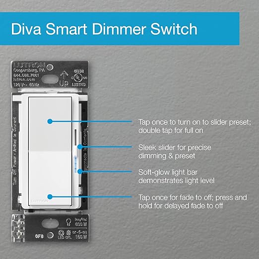 Lutron Diva Smart Dimmer Light Switch for Caseta Lighting (Lutron Smart Hub Required), for LED Lights, 150W, Single-Pole/3-Way, No Neutral, White, 3 Pack (DVRF-6LS-WH-3)