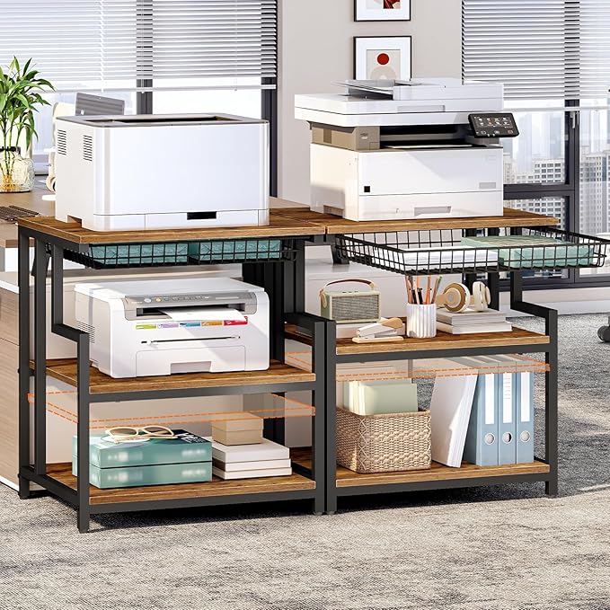HOOBRO 23.6'' x 19.7'' Extra Large Printer Stand with Drawer, Printer Table with Adjustable Shelf, 3-Tier Printer Cart with Storage, for Heat Press Scanner Fax, Rustic Brown and Black BF10PS01