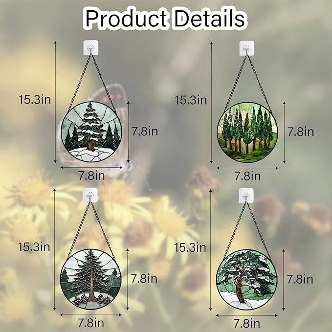 AMDERVEN Stained Glass Window Hanging 4 Pcs Set Forest Green Trees Winter Snow 7.8" - Suncatcher Door Garden Sun Catcher Home Decor Birthday Mother's Day for Woman Nana Mom Men