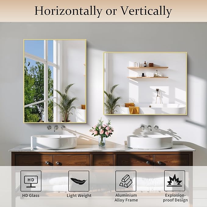Gold Bathroom Mirror for Wall, 24x32 Inch Rectangle Mirror with Metal Frame, Modern Vanity Mirrors for Bathroom Living Room, Entryway Hangs Horizontal or Vertical