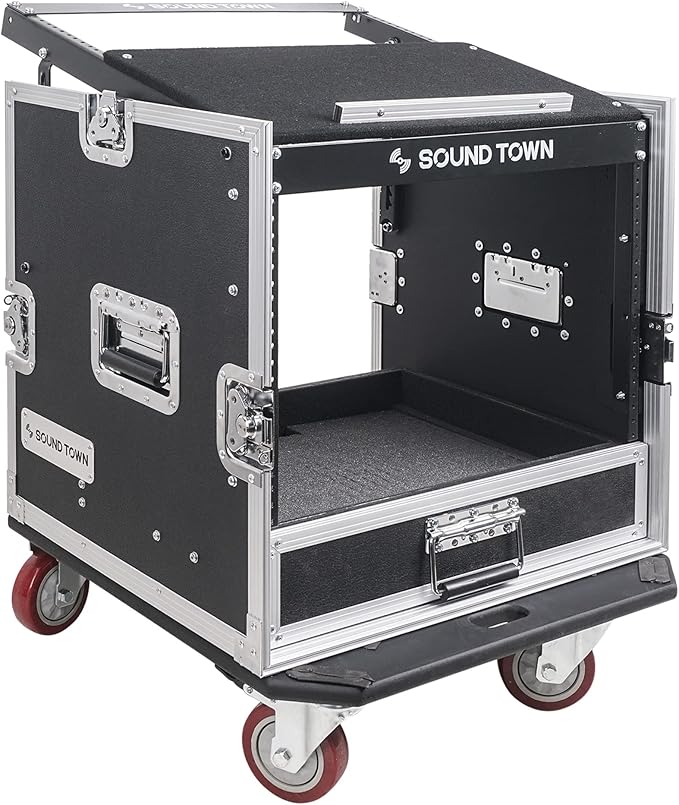 Sound Town 10U PA DJ Pro Audio Rack/Road ATA Case with 2U Drawer, 11U Slant Mixer Top, DJ Work Table, Casters, Pro Tour Grade (MR-DR10U)