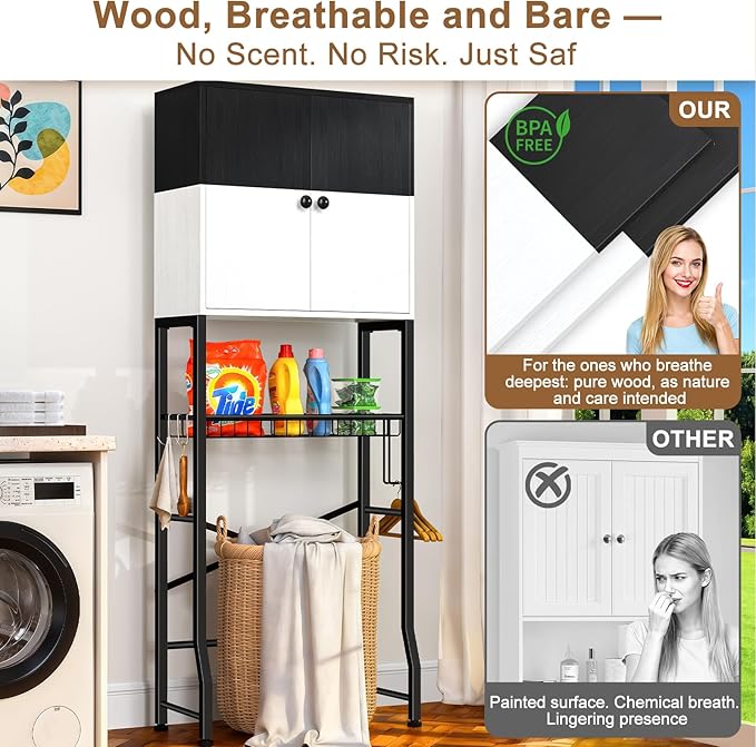 Over the Toilet Storage Cabinet - Freestanding Bathroom Organizer Shelf with Doors, Black & White Over the Toilet Shelves that Separates Wet and Dry Areas, Privacy Protection Above Toilet Storage Rack