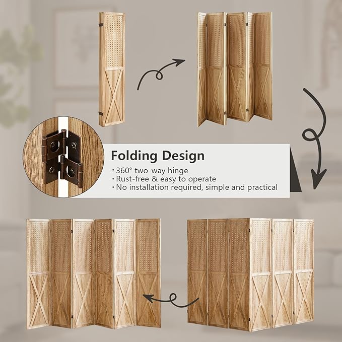 ALeesing 6 Panel Pegboard Room Divider, 5.6Ft Pegboard Display Folding Privacy Screens, Wood Room Divider Peg Board Display Freestanding for Trade Show Craft Show Home Wall Organizer, Light Brown