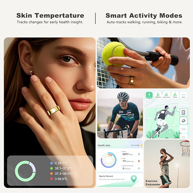 RIFESI Smart Ring for Women Men, Fashion Minimalist Fitness Ring & Sleep Tracker Ring with Heart Rate, Blood Pressure,5ATM Waterproof Health Ring,Gifts for Women Men Gift,No Subscription (9,Gold)