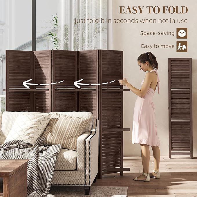 HOMCOM Room Divider, 5 Panel 67" Tall Wood Privacy Screen with 3 Display Shelves, and Folding Storage for Bedroom or Home Office, Walnut