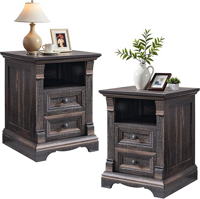 T4TREAM Farmhouse Nightstand Set of 2, 18" Sofa Side Table with Charging Station, Wood End Table w/Roman Column, Bedside Cabinet for Bedroom, Living Room, Dark Rustic Oak