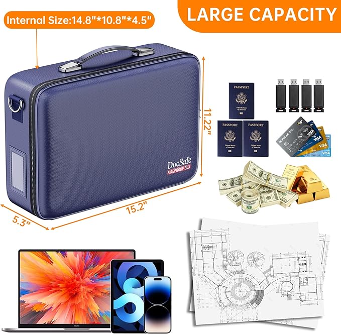 DocSafe Fireproof Document Box with Lock, Hard Case File Organizer with Accordion File Folder, Fireproof Water Resistant Safe Box Home Office Travel Storage for Important Documents Laptop Blue